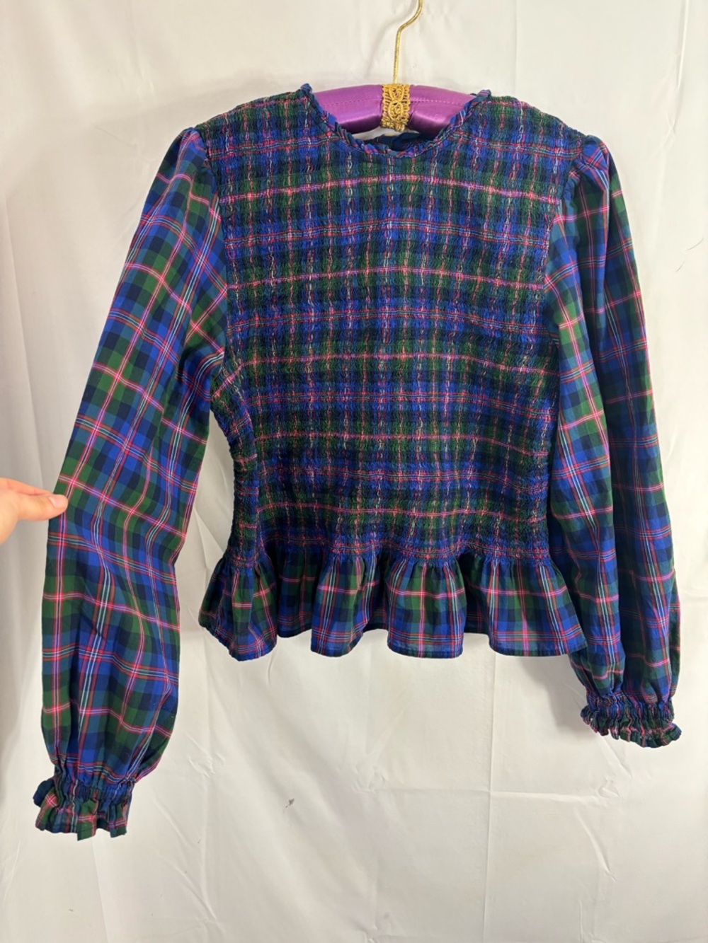 100% Cotton Blue Plaid Smock Puff Sleeve Prairie Cottage Blouse Size L